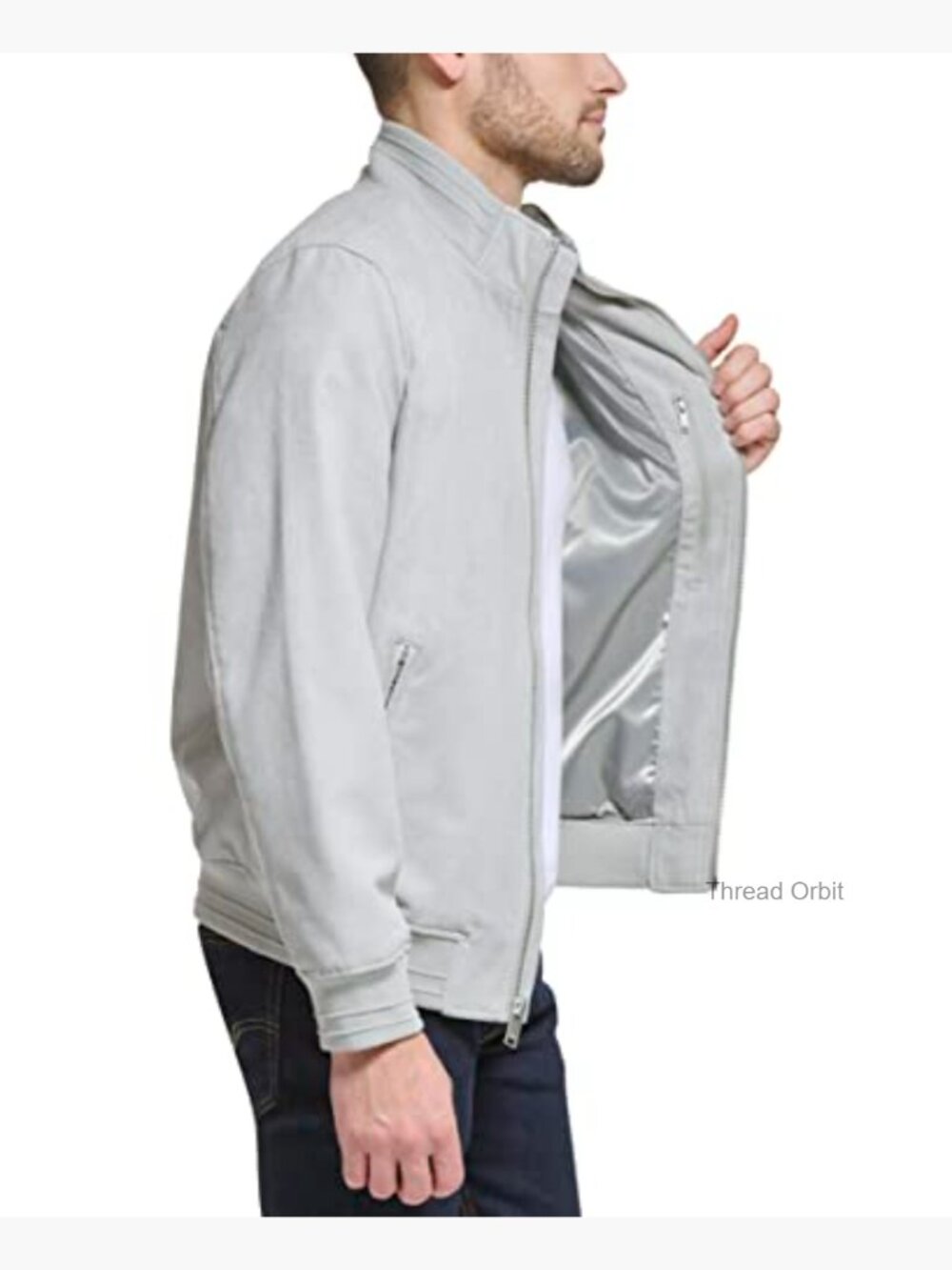 Modern Knit Collar Bomber Jacket Faux Suede Lightweight - Picture 6 of 6